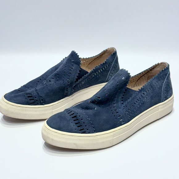 Seychelles Blue Suede Laser Cut Native Print Slip On Sneaker Women’s Size 9.5 - Picture 2 of 15